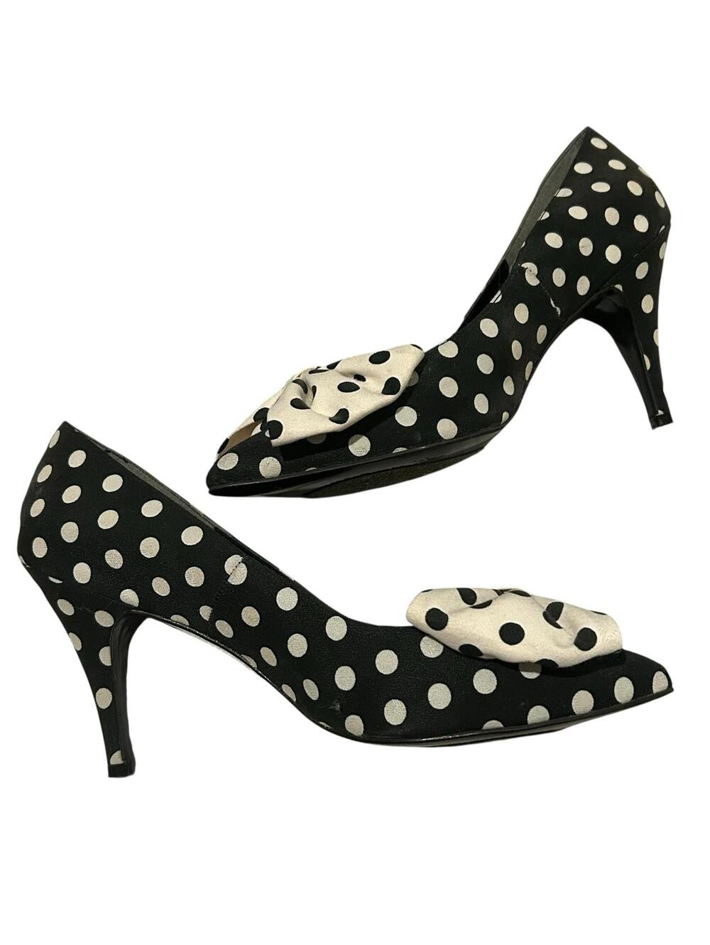 Polka Dot Pointed-Toe Bow Heels - Black & White - Picture 4 of 9